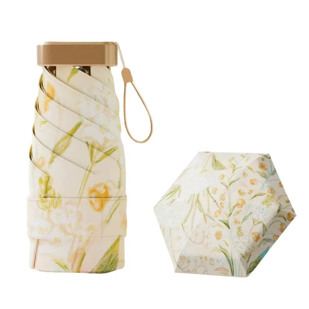 Floral Pattern Sunshade Umbrella Windproof Comfortable Handle Folding Rain Umbrella UV Protection Portable Mini Parasol Women Vue Style 3 8K Iron