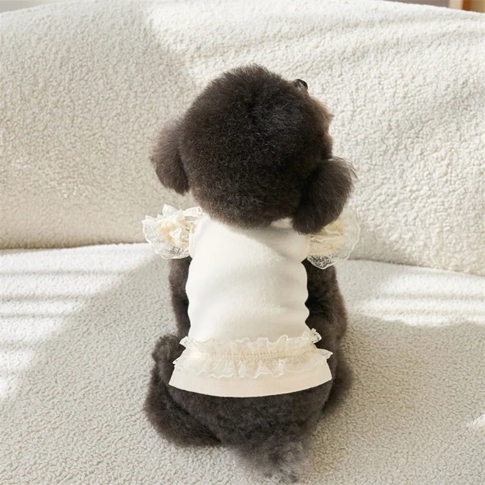 Comfortable Lace Pet Summer Vest Soft Breathable Cat Base Skirt Flying Sleeve Dog Clothes Small Animal Vue Beige S