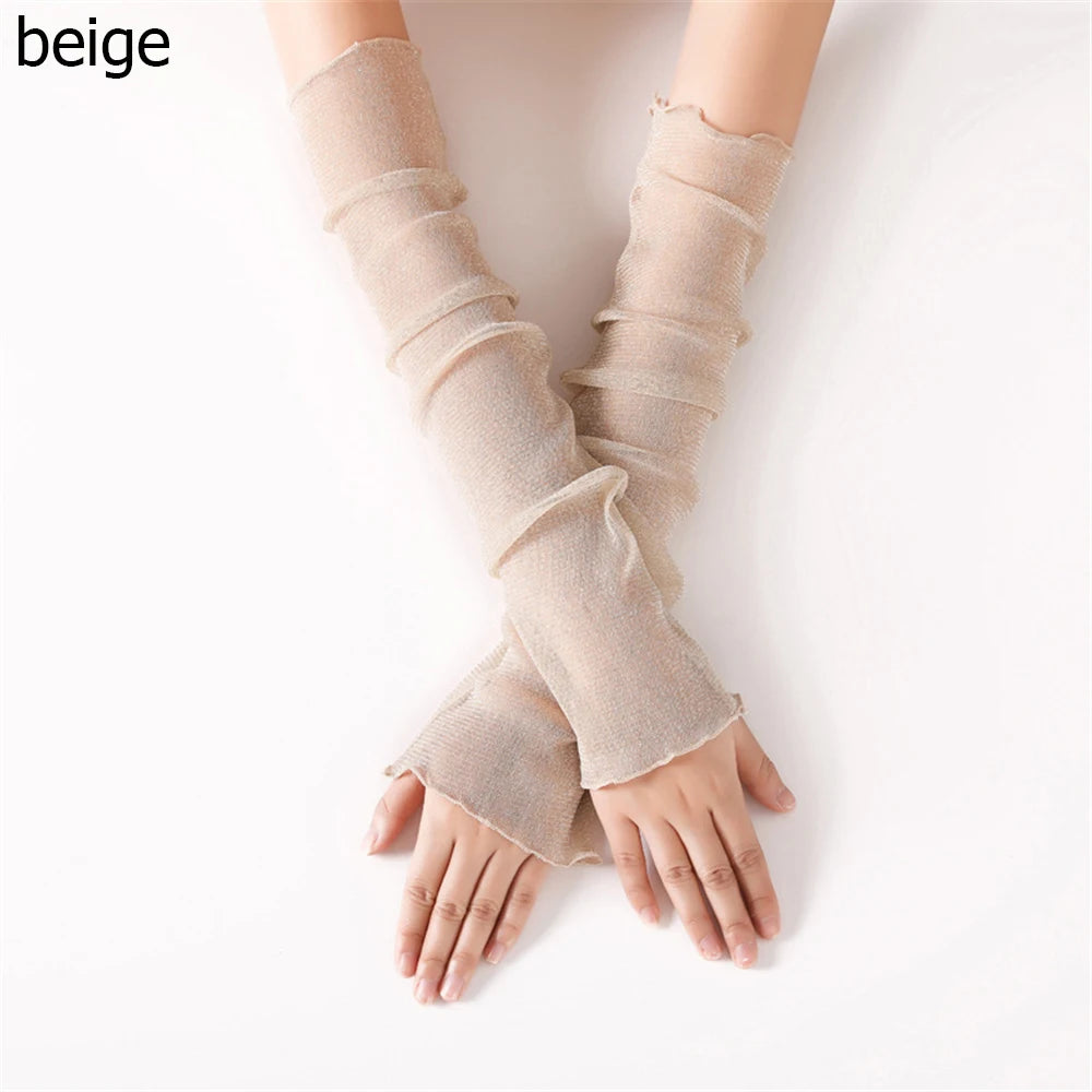 Women's Summer Sun Protection Sleeves Mesh Lace UV Thin Long-sleeved Vue beige