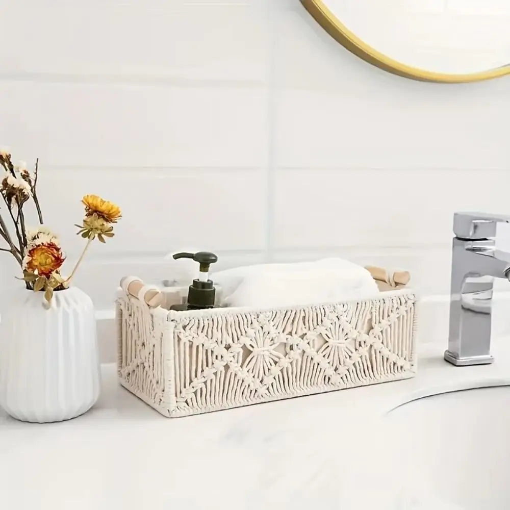 Cotton Rope Hand Woven Storage Box Decorative with Handle Macrame Organizer Box Warm White Handmade Toilet Paper Shelf Basket Vue