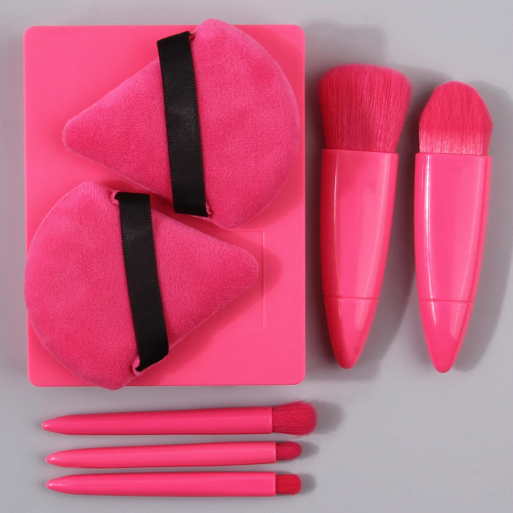 5PCS mini multi-purpose makeup brush set +2PCS triangular powder puff +1PCS portable travel beauty tool with mirror storage box Vue