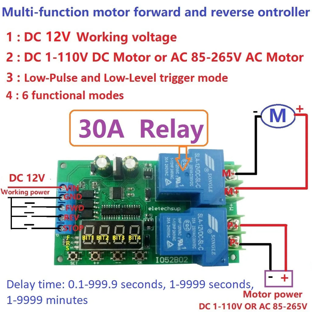 DC12V 30A Multi-functional Motor Forward and Reverse Controller Motor Start and Stop Controller Time Delay Limit Switch Relay Vue