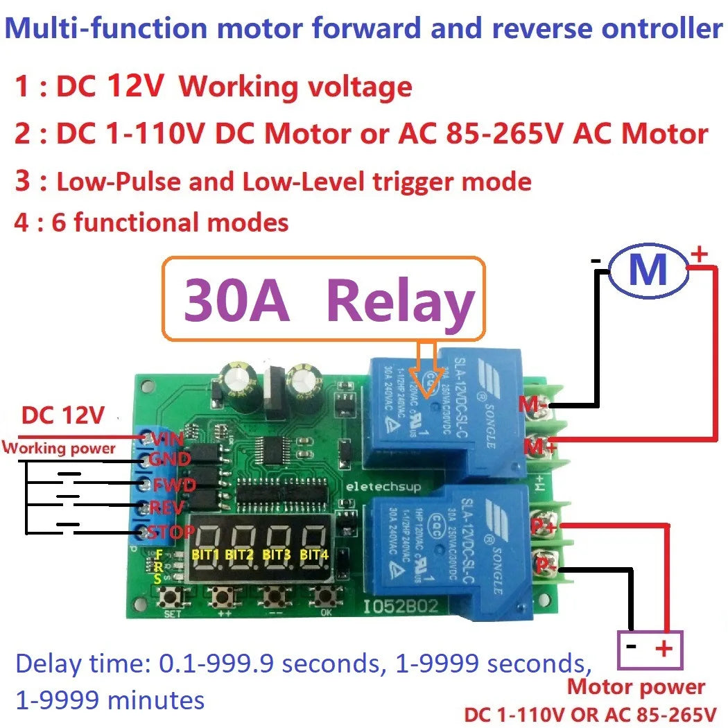 DC12V 30A Multi-functional Motor Forward and Reverse Controller Motor Start and Stop Controller Time Delay Limit Switch Relay Vue