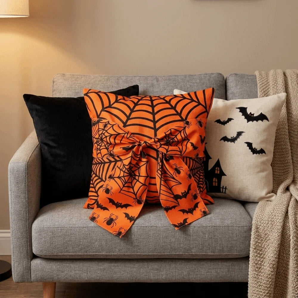 Gothic Style Halloween Ghost Pillowcase Washable Wear Resistant Spider Web Cushion Cover Comfortable Soft Square Pillow Covers Vue