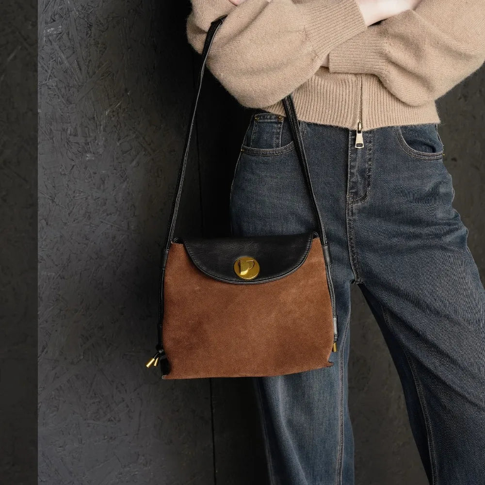 Genuine Leather Women's Crossbody Shoulder Bag Vegetable-Tanned Leather Spliced with Suede Fashion Versatile Handbag for Ladies Vue