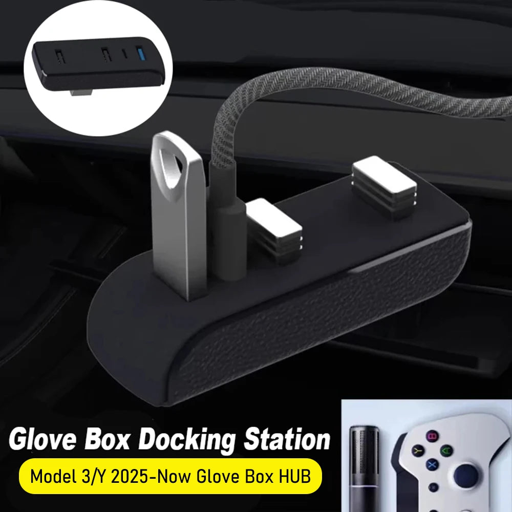 Glove Box Docking Station for Tesla Model 3 Y 3+ Y Juniper USB Hub Ports Car 4-in-1 USB Extender Charger Upgrade Data Transfer Vue