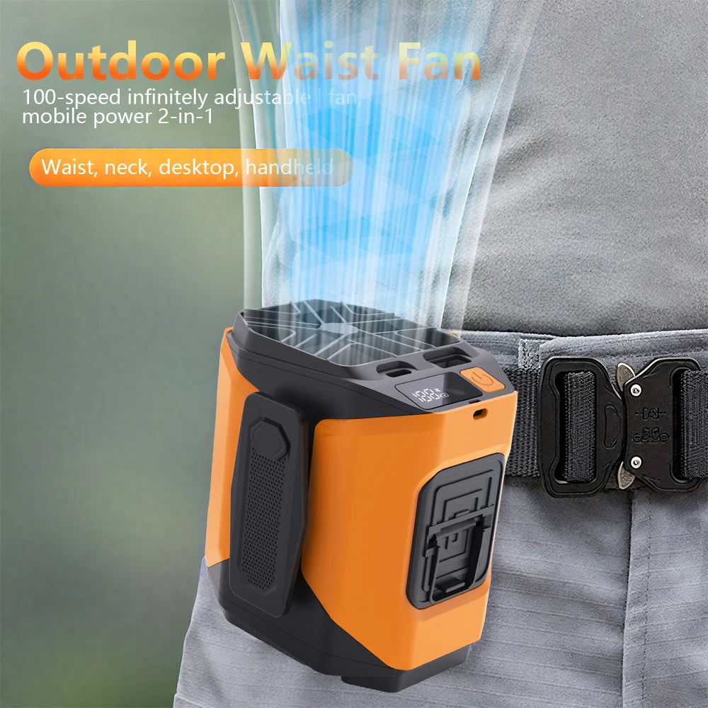 20000mAh Waist Hanging Fan Portable 5-Speed Adjustable Cooling Fan With LED Emergency Lighting Essential For Travel And Hiking Vue