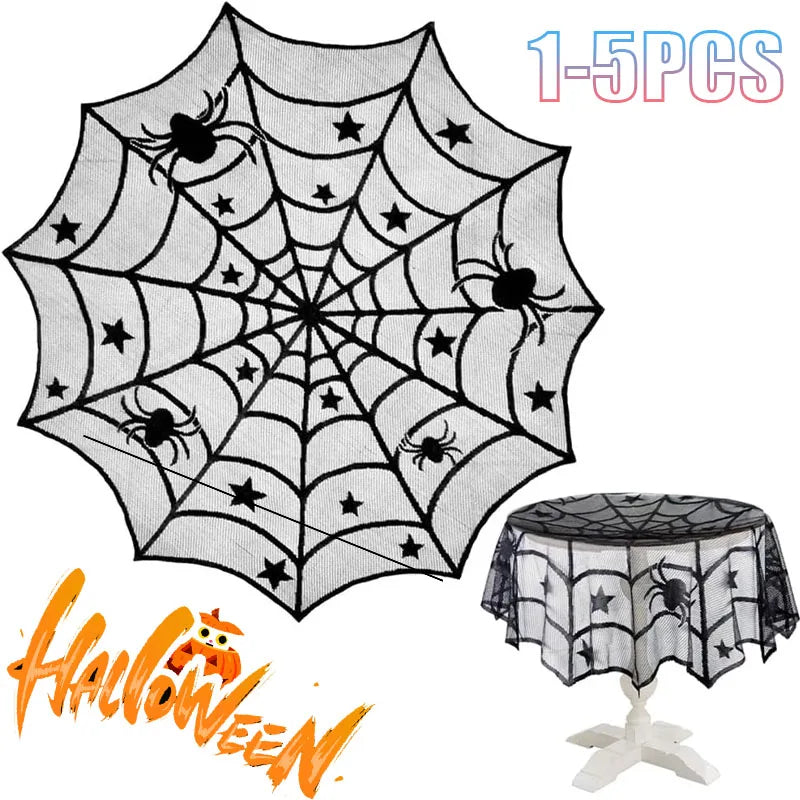 1-5pcs Halloween Black Lace Table Cloth for Family Dinner Party Ghost Decor Floral Skeleton for Fireplace Shelf Table Cover Vue