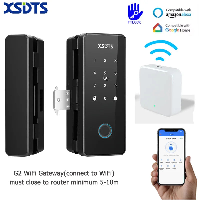 TT-Lock Smart Glass Door Lock Bluetooth Biometric Fingerprint Password Card Electronic Digital Lock Office Business Departments Vue GL3-Gateway