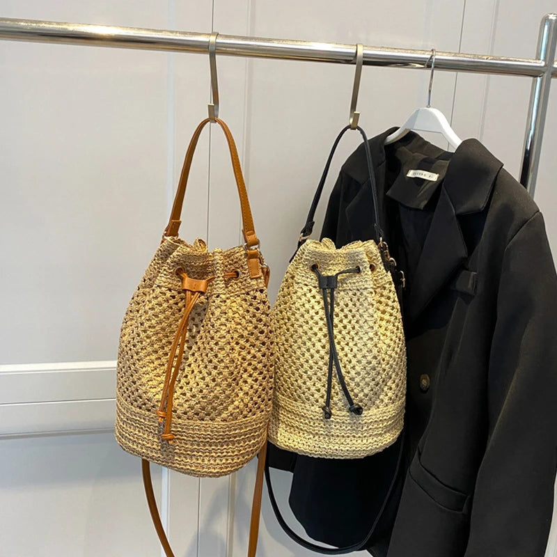 Ins Woven Straw Bucket Bag Women Summer Beach Crossbody Ladies Retro