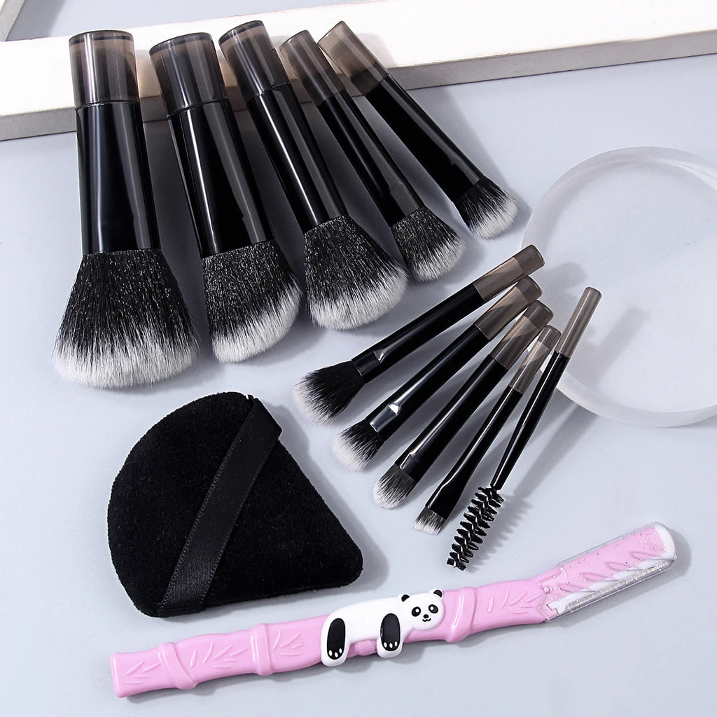 Hot Sale 10PCS Mini Travel Makeup Brush Set, Multi-Function Face Eye Brushes with Triangle Makeup Puff & Pink Bamboo Decor Eyebr Vue