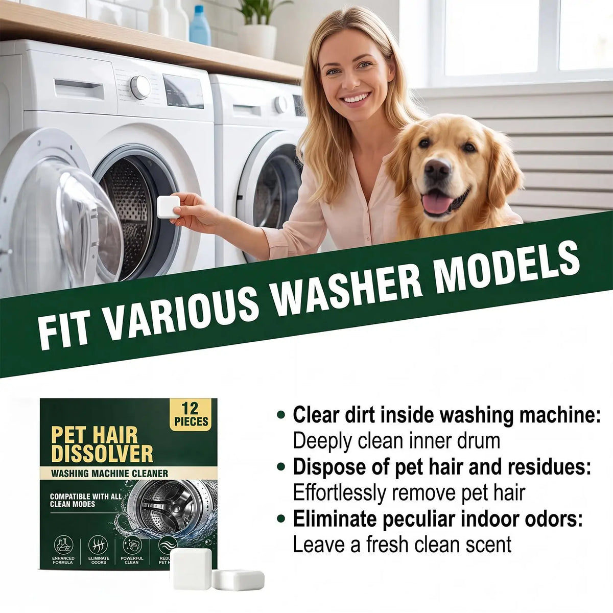 12 Pcs Pet Hair Dissolver Tablets, Washing Machine Cleaner Deep Cleaning, Powerful Laundry Appliance Descaling for Home Use Vue