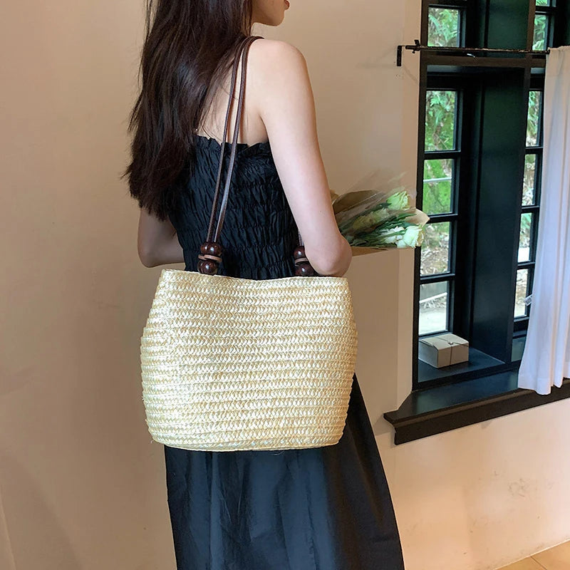 Niche Forest Bucket Bag Wooden Bead Magnetic Buckle Shoulder Retro