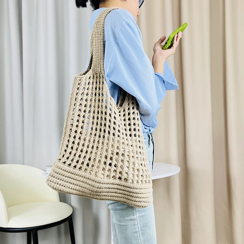 Vintage Hollow Design Woven Women Shoulder Bag Knitting Large Vue
