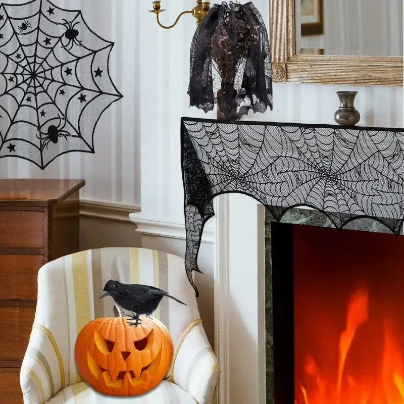 Spooky Black Lace Halloween Tablecloth Decorative Table Runner for Mantel Dining Table Ghost Party Home Indoor Decoration Prop Vue