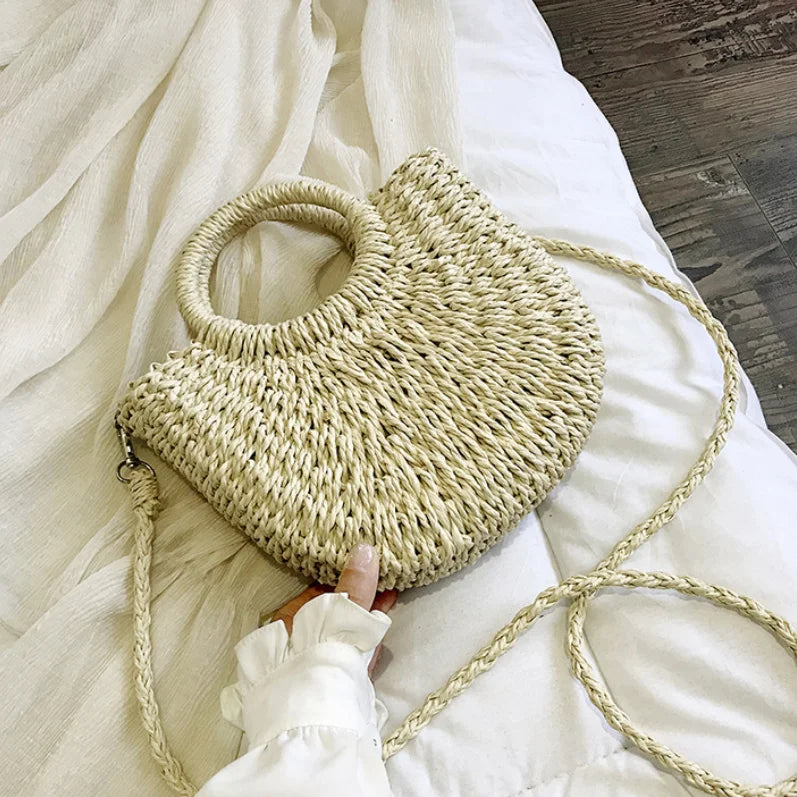 Straw Bag Women Hand-woven Handbag Moon Shape Lace Bow Rattan Big Vue beige 19x8.5x23cm