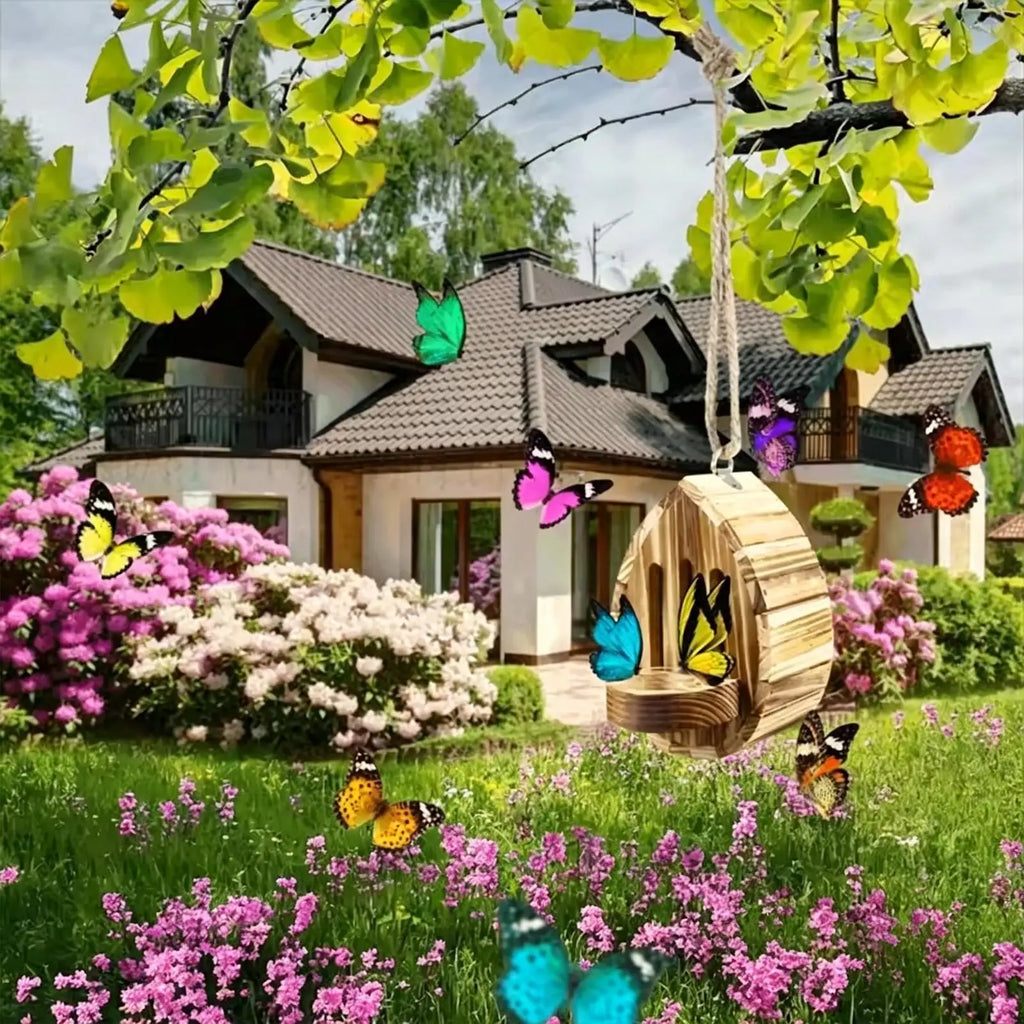 wood Teardrop Butterfly Habitat Shelter, Multifunctional Garden Nesting Box Feeder, Outdoor Hanging House for Yard Grassland Vue
