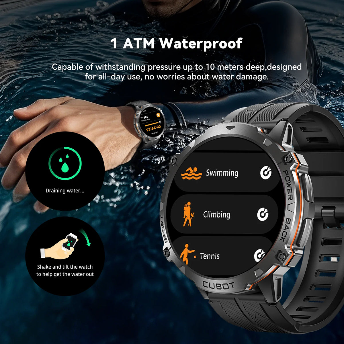 Cubot X3, Sport Waterproof Smartwatch, 1.73-inch AMOLED Display, Bluetooth Calls, 900mAh Battery, Blood Oxygen, Fitness Tracker Vue