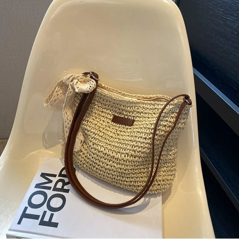 Summer Rattan Crossbody Bags Women Saddle Straw Woven Shoulder Bag
