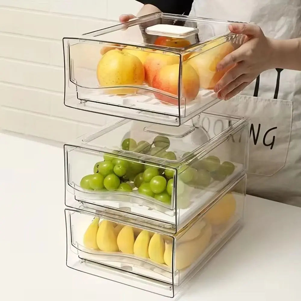 Plastic Drawer-type Fresh-keeping Box Large Capacity Stackable Refrigerator Storage Box Dust-Proof with Drain Tray Vue
