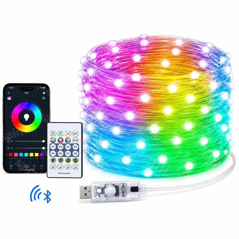 Dream Color RGBIC LED String Garland USB APP Remote Control Music Sync Fairy Lamp For Home Christmas Party Holiday Layout Decor Vue 20m 200 LEDs USB Type-C