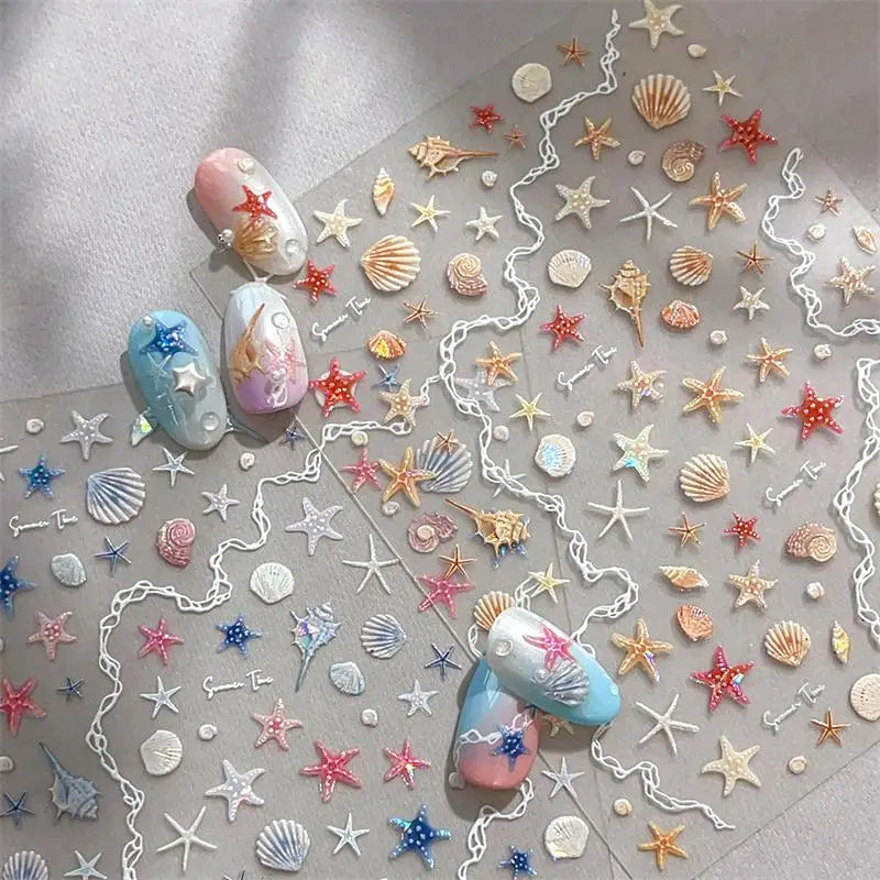 1 Sheet 5D Summer Seashell Nail Sticker Shiny Embossed Starfish Nails Stickers Summer Beach Sea Conch Nail Decals Decoration Vue