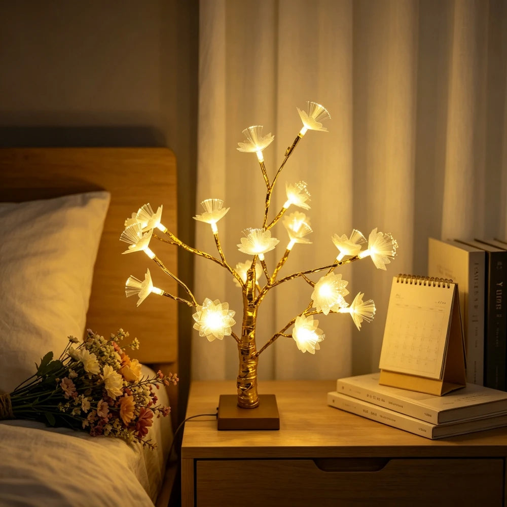 Double Layer Fiber Optic Lotus Flower Golden Birch Tree LED Table Lamp, Floral Desktop Light for Bedroom Table Home Decor Vue