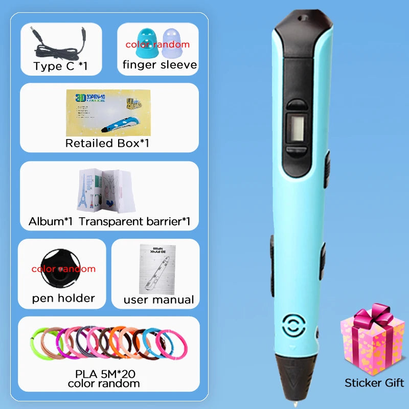 New 3D Printing Pen LCD Display Screen 1.75mm ABS / PLA Filament Kids DIY Drawing Pen Boy and Girls Christmas Birthday Gifts Vue Blue-100M PLA