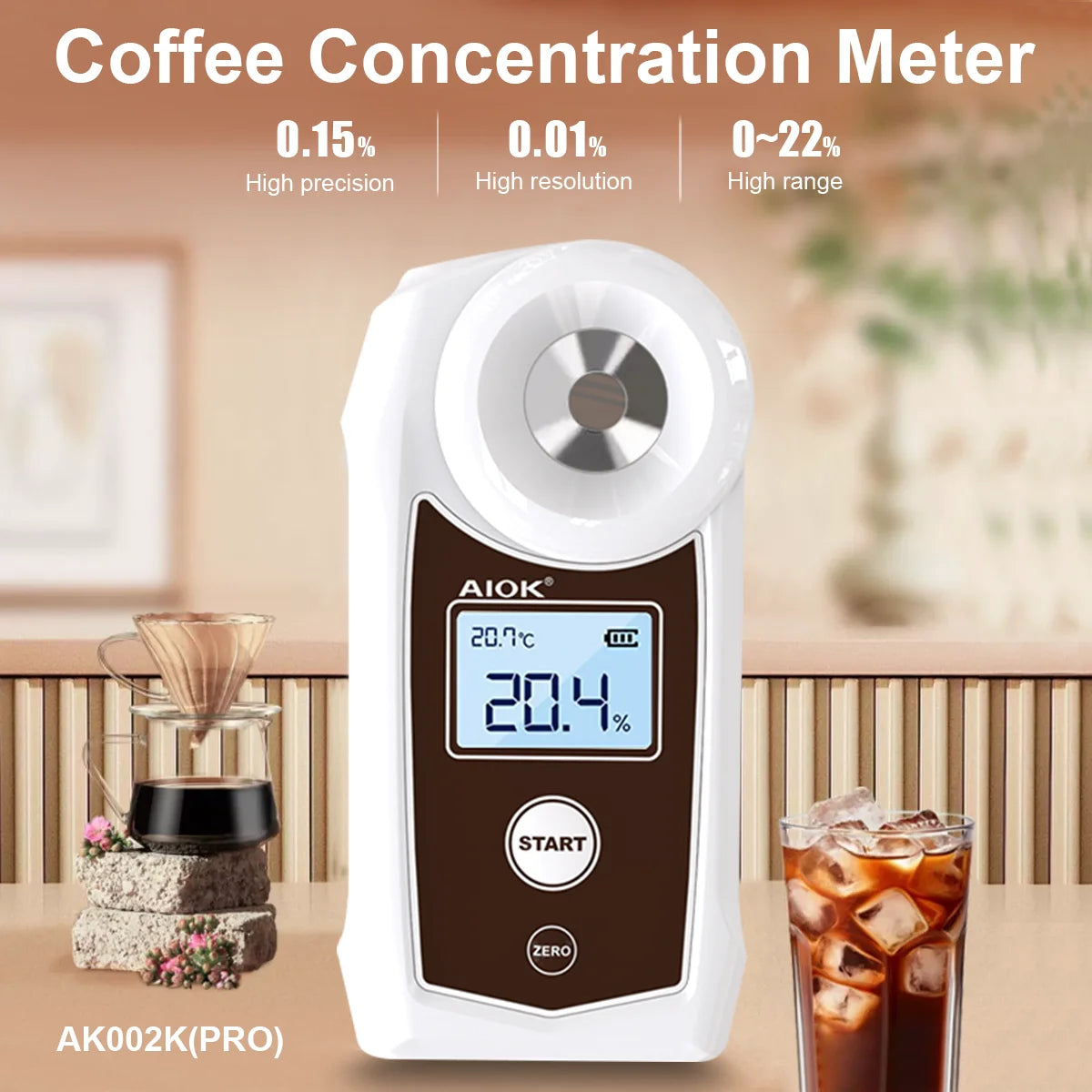 AIOK AK002K AK002KPRO Refractometer High Precision Coffee Concentration Meter Range TDS 0-22% Temerature Compensation IP67 PPBOX Vue