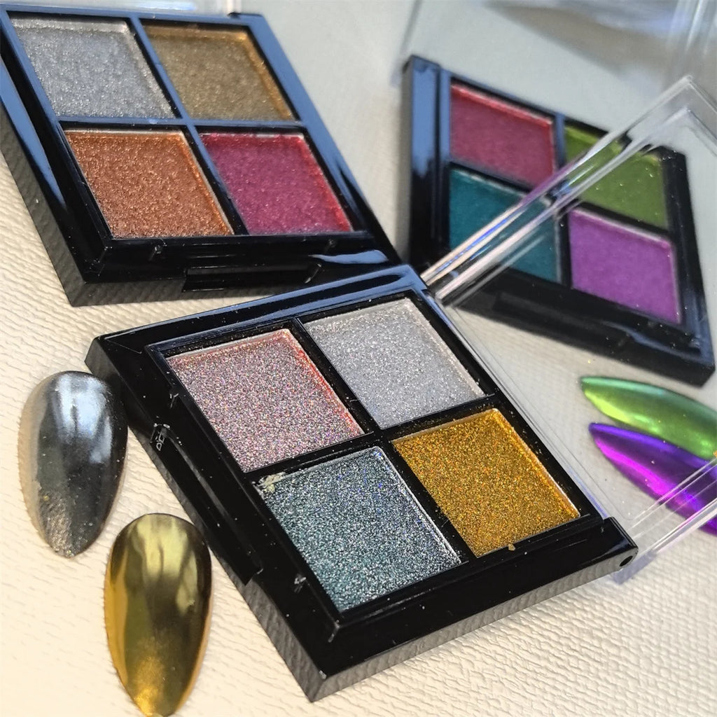 1pc 4 grid chrome nail magic mirror powder palette holographic laser aurora solid mirror gel polishing pigment decoration Vue