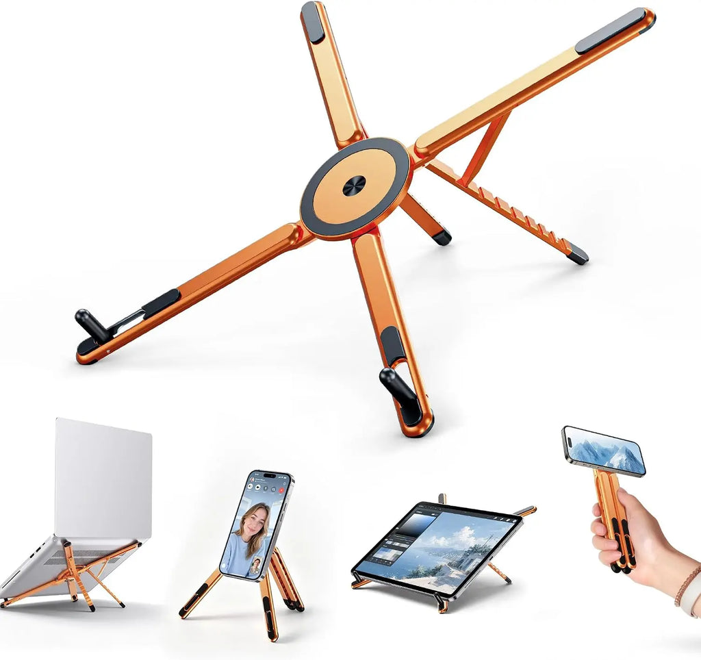 3-in-1 Foldable Laptop Stand Magnetic Phone Holder Aluminum Portable Desk Tripod Mount for Laptop Tablet & Phone Travel Vlogging Vue Orange