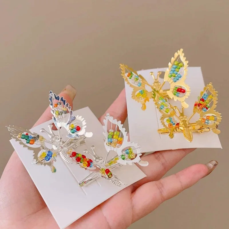 2Pcs 3D Movable Butterfly Shaped Hair Clip Metal Hollow Metallic Flying Butterfly Barrette Kit Hair Accessories Women Goldsilver Vue