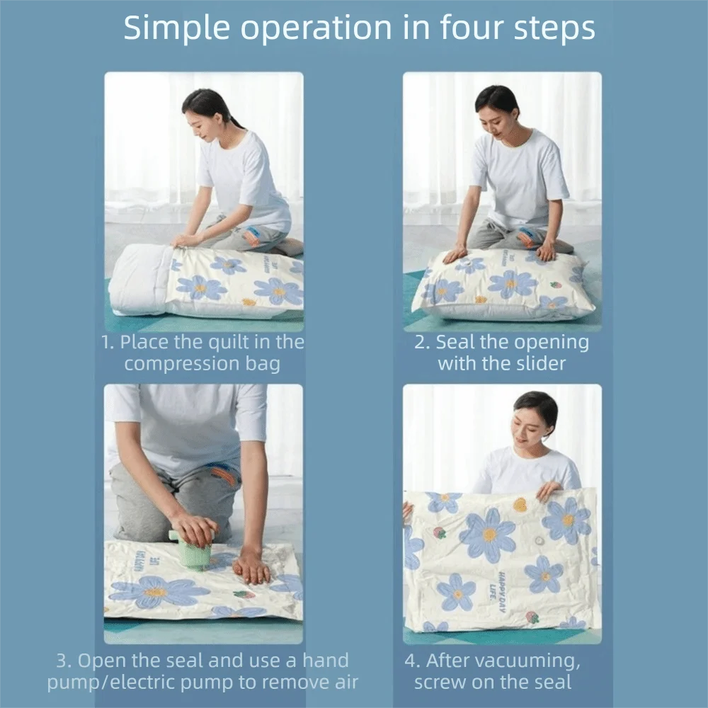 4PCS Blue Floral Pattern Vacuum Compression Bag Space Saving Large Capacity Clothes Moving Bag Moisture-proof Dust-proof Vue