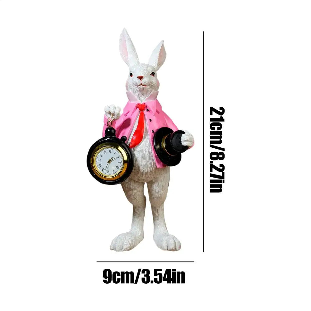 9x9x21cm Cute resin Easter Bunny Figurine with Clock & Top Hat Mini Decor for Bedroom Office Farmhouse School Home Living Room Vue A