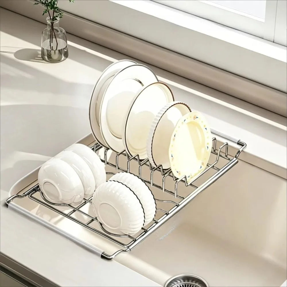 Stainless Steel Expandable Dish Rack Rustproof Non-slip Kitchen Sink Organizer Rectangular Multifunctional Bowl Drain Shelf Vue Style 2