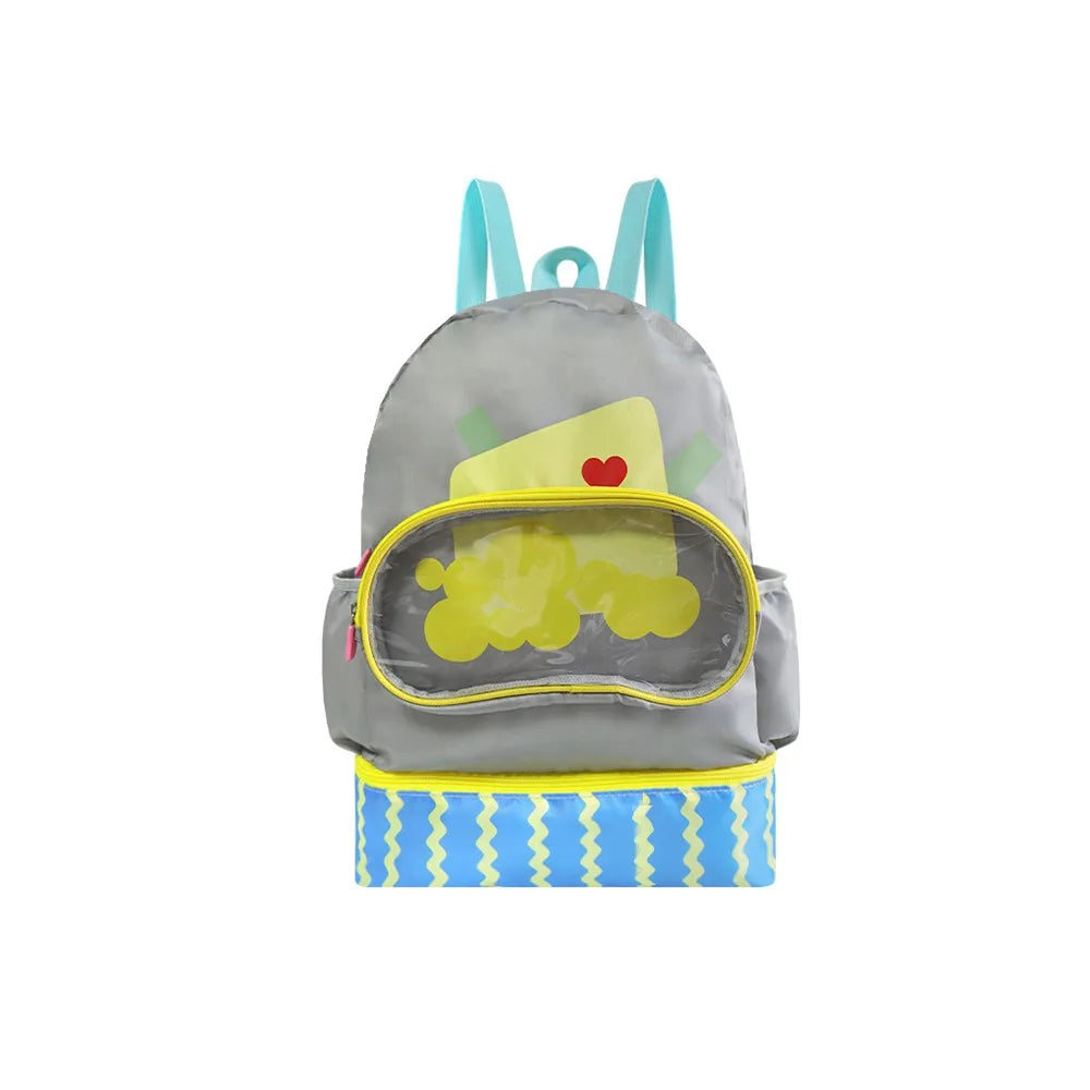 Waterproof Swimming Storage Bag Wet Dry Separation Double-Shoulder Swim Backpack Cartoon Design Shoe Compartment Vue Grey