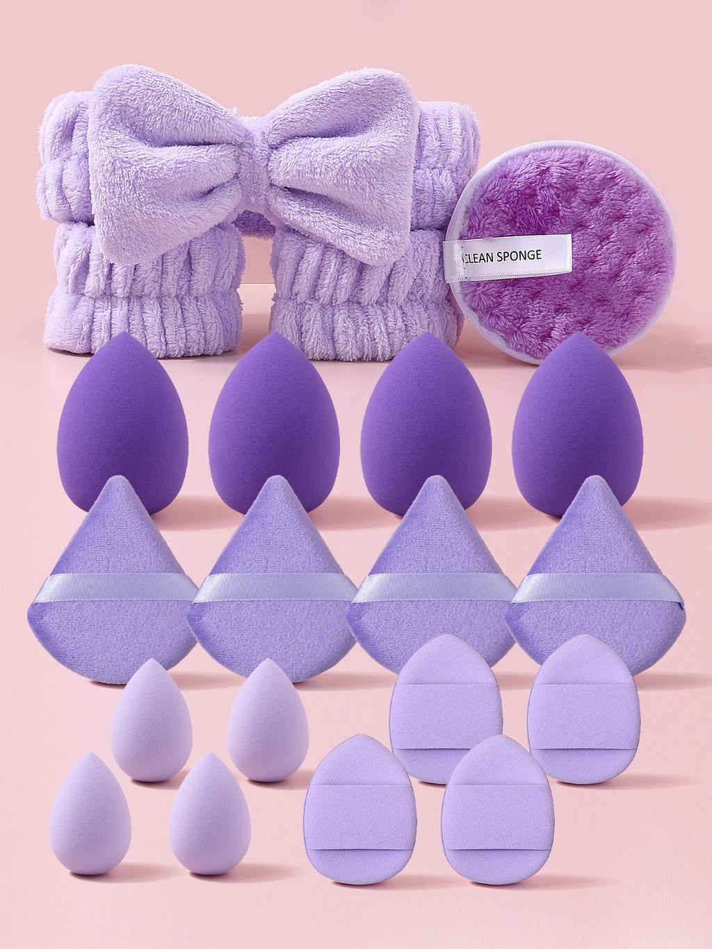 Headband Set. 1 Hair Band & 2 Wrist Bands & 4 Make‑Up Sponges & 8 Mini puff & 4 Triangular Powder Puff & 1 Makeup Remover Puff Vue