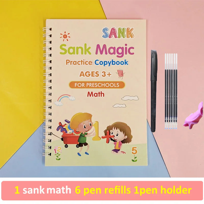 Reusable Magic Practice Copybook Kids Grooved Handwriting Tracing Book with Pen Holder Preschool Learning Supplies Birthday Gift Vue Math Version
