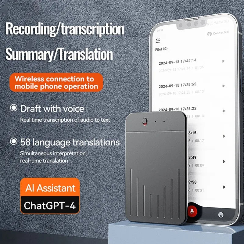AI Powerd ChatGPT-4 App Phone Call Mini Audio Voice Recorder Espia Transcribe Summarize 58 Language Translator Audio Dictaphone Vue