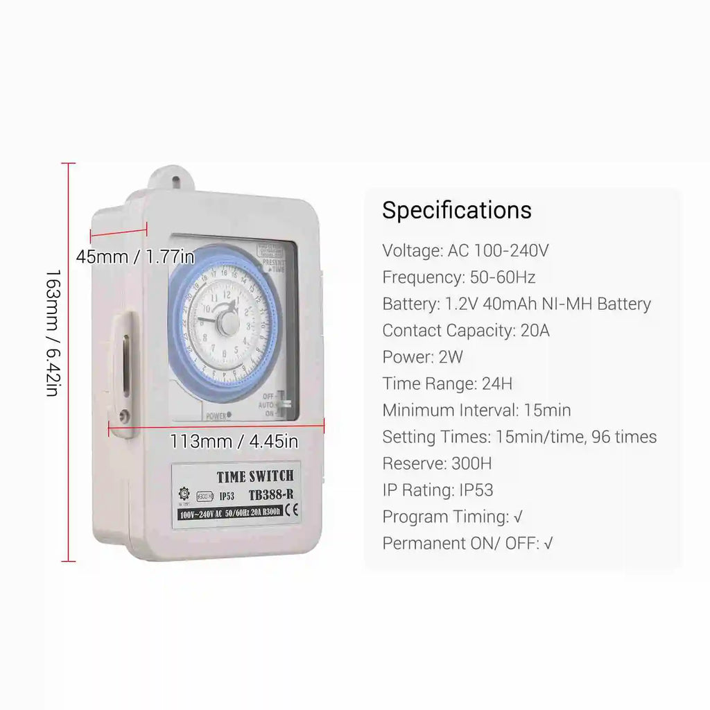 Mechanical 24 Hours Timer Switch IP53 Rating Programmable Electrical Timer Switch Box AC 100-240V 15 Minutes Interval 96 Times O Vue