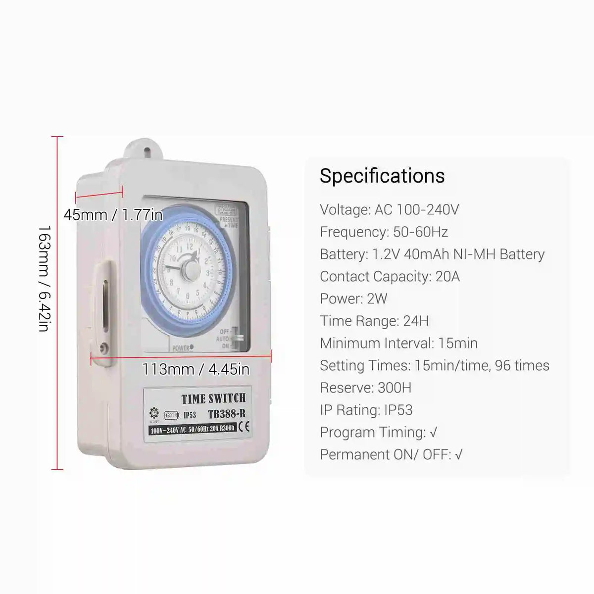 Mechanical 24 Hours Timer Switch IP53 Rating Programmable Electrical Timer Switch Box AC 100-240V 15 Minutes Interval 96 Times O Vue