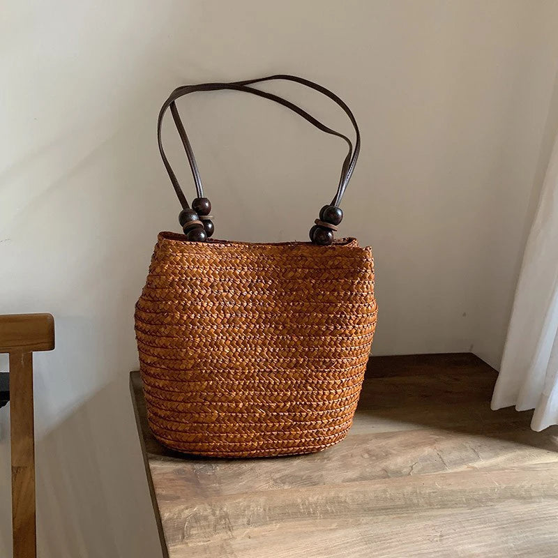 Niche Forest Bucket Bag Wooden Bead Magnetic Buckle Shoulder Retro