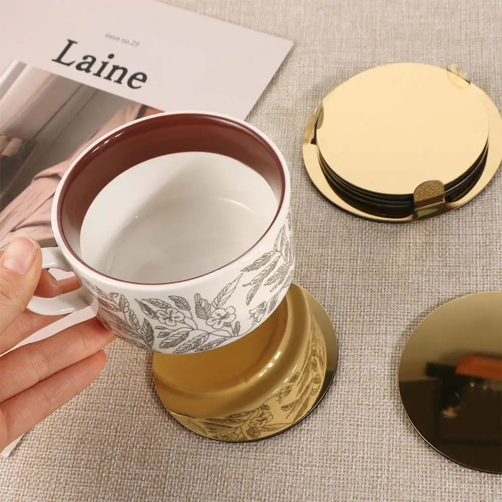 Multi-Function Round Gold Stainless Steel Coaster Set Mirror-like Scald-proof Drink Pad With Holder Insulated Cup Mat Restaurant Vue