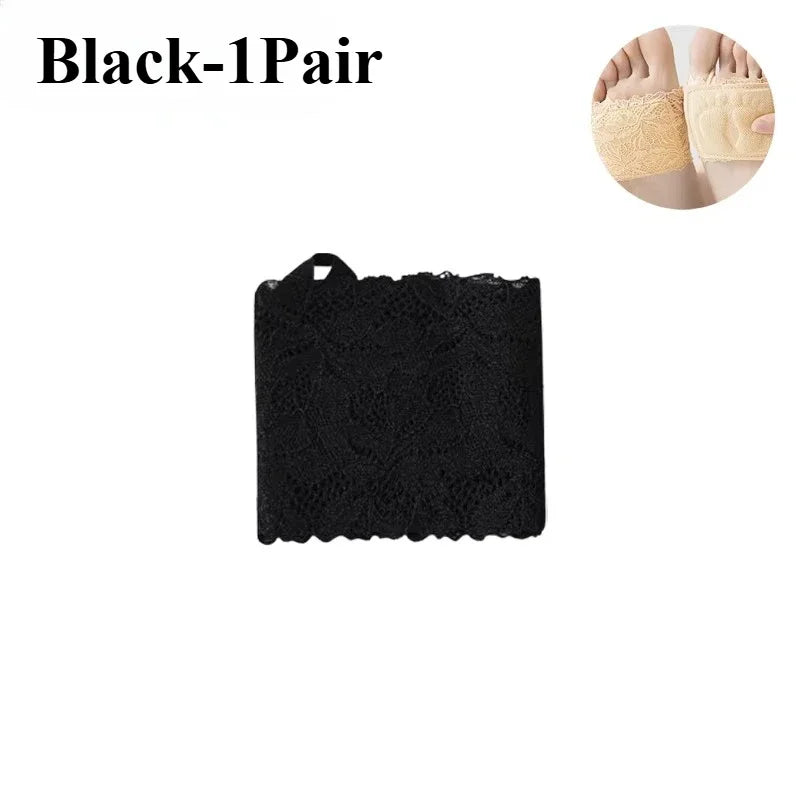 1-10Pairs Women Half Toe Socks Lace Trim No Show Anti Slip for High Heels Pumps Flats Breathable Thin Invisible Summer Vue Black-1Pair One Size