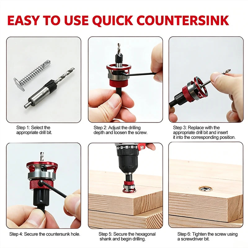 5pcs Countersink Drill with Depth Stop M2 Pre-Drill with Ball Bearing 1/4 Inch Hex Shank Precise Countersink Wood for Workshop Vue