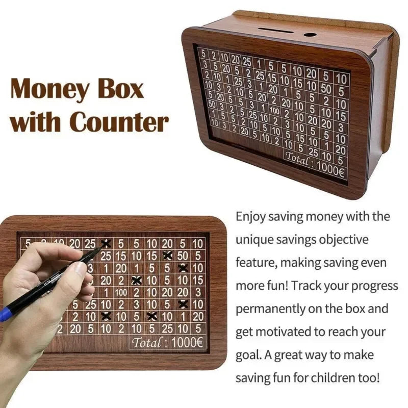 Euro Money Wood Box Piggy Bank Wood Money Bank Reusable Money Box with Saving Goal and Numbers Money Boxes Money Drawer Vue