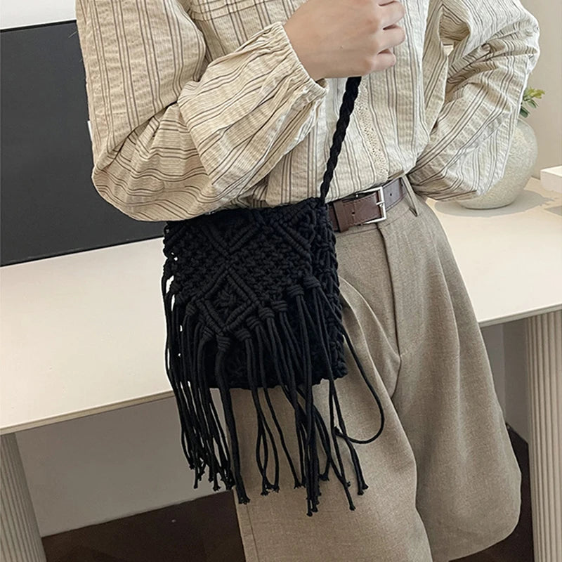Women Crochet Shoulder Bag Tassel Handwoven Crossbody Solid Bohemian