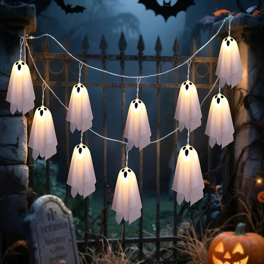 Spooky Ghost LED Garland String Lights, Halloween Hanging Fabric Decor Lights for Mantel Porch Haunted House Holiday Decoration Vue