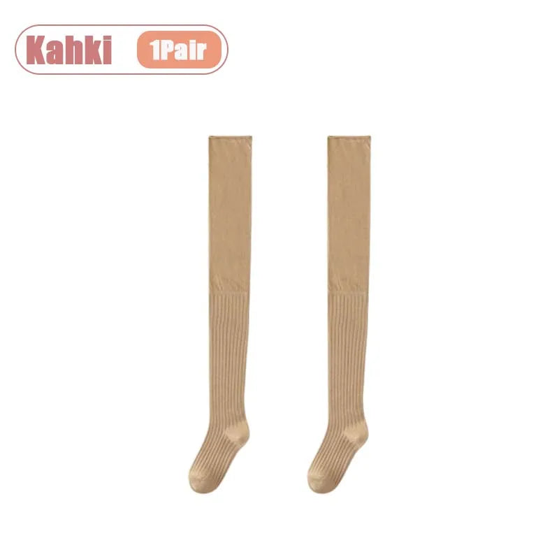 1-10Pairs Over Knee High Socks for Women Thin Solid Color Stackable Ribbed Knit Long Stockings Casual Streetwear Vue One Size Kahki-1Pair