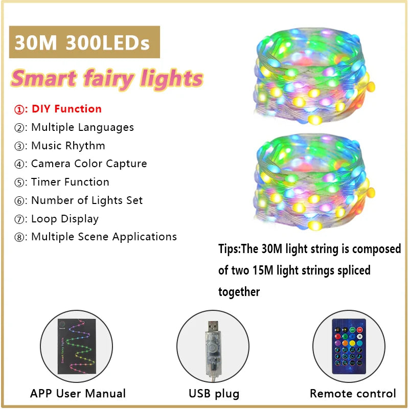 Color Changing Christmas String Lights Winkle Fairy Lights String Waterproof Smart App & Remote for Indoor Outdoor Patio Decor Vue 30M